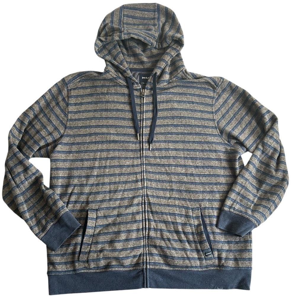 prAna Men’s XX-Large Full Zip Hoodie Blue Tan Striped Casual Sweatshirt‎